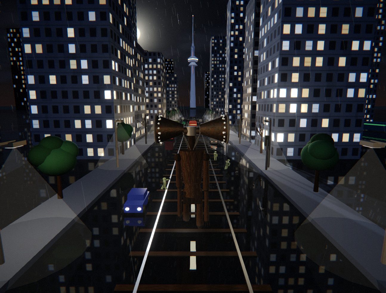 Siren Head standing on a rain-soaked Toronto avenue beneath the CN Tower