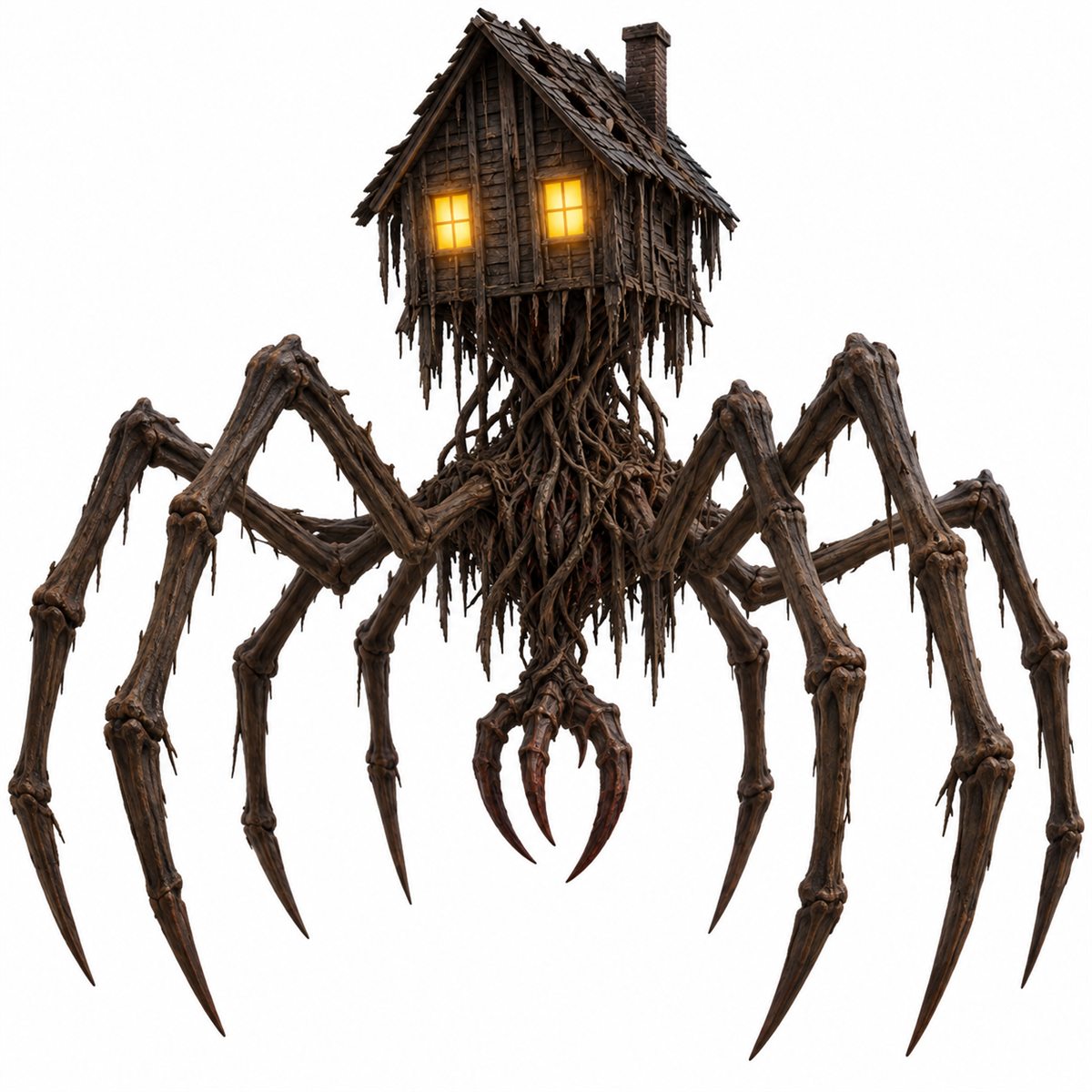 AI-assisted concept art for House Head, a house-shaped spider monster