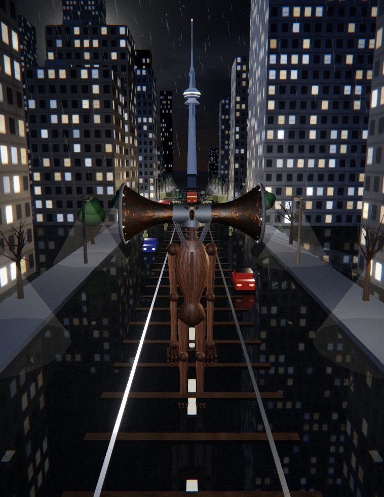 Siren Head in the playable Toronto night environment